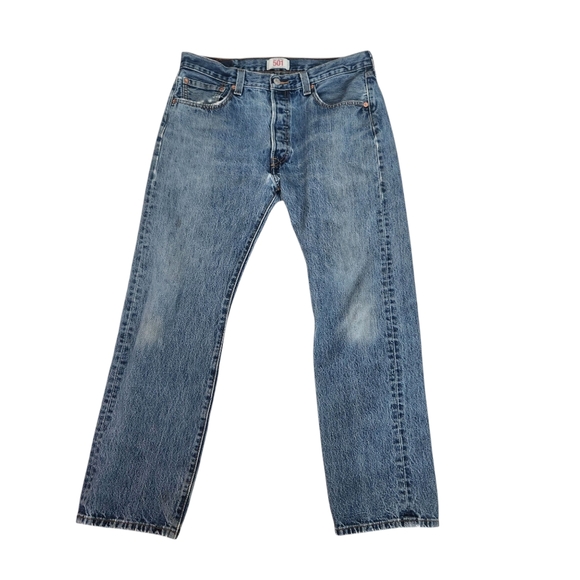 Levis 501 Red Tab Vintage Straight Leg Button Fly All Cotton Blue Jeans 34X30 - Picture 1 of 15